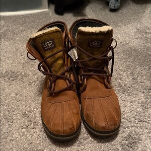 UGG Brown Leather Shearling-Trim Lace-Up Boots